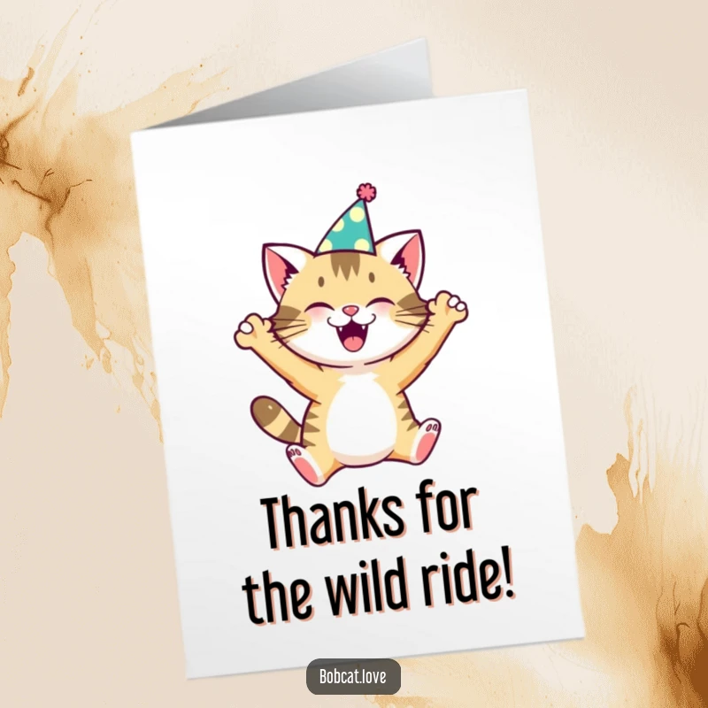 Funny Free Printable Thank You Card: Joyful Bobcat with a party hat, grinning widely, expressing thanks with playful excitement.
