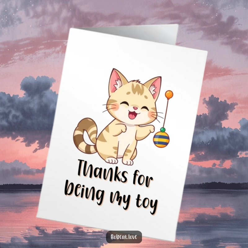 Funny Free Printable Thank You Card: A happy, wagging-tailed bobcat playfully batting at a dangling toy, showing cheerful appreciation.