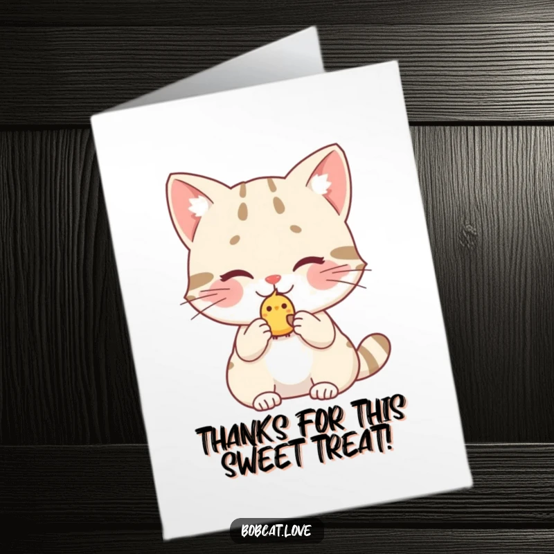 Funny Free Printable Thank You Card: A bobcat with rosy cheeks shyly presents a little birdy, a gesture of heartfelt thanks.