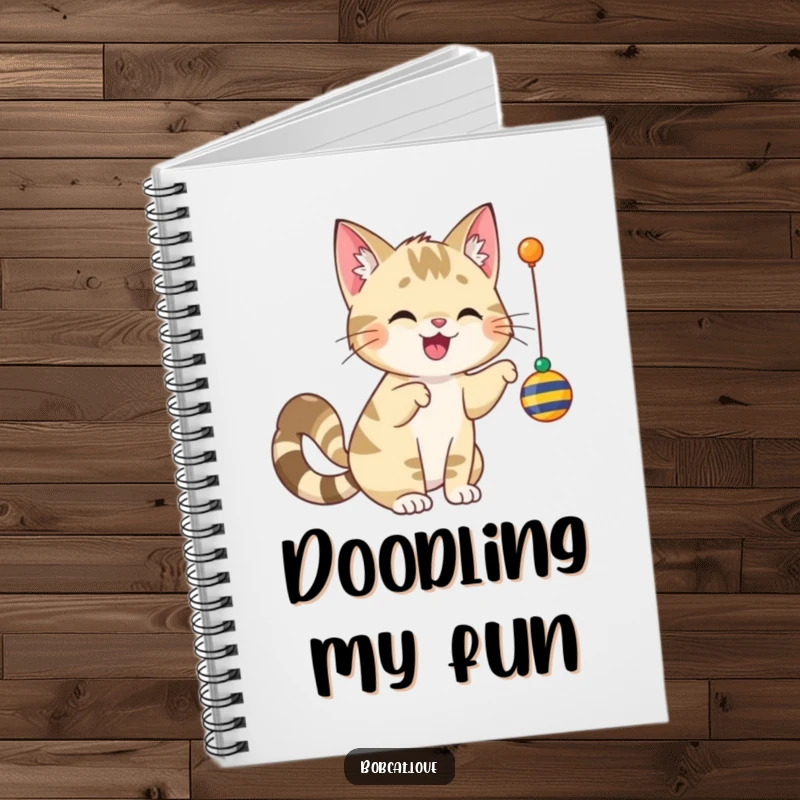 Funny bobcat with a wagging tail, playfully batting a dangling toy, on the cover of a notebook for jotting ideas.