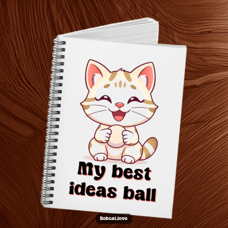Funny bobcat with a happy grin, delightedly holding a small ball, on the cover of a notebook for ideas.