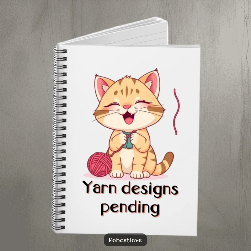 Funny bobcat notebook, a giggling cat batting at a dangling yarn ball, ideal for capturing playful ideas and creative musings.