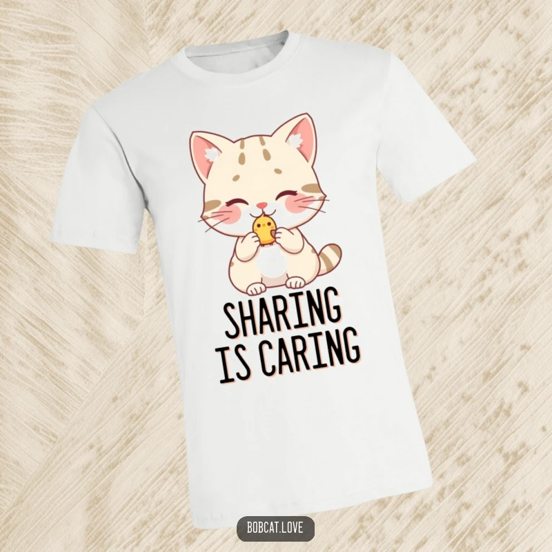 Funny bobcat t-shirt, a blushing wild cat offering a tiny birdy, depicting a moment of sweet, humorous, and tenderhearted kindness.