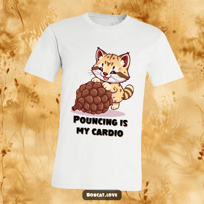 Funny bobcat t-shirt, a happy wild cat playfully pouncing on a rolling pinecone, bursting with energetic and comical wildlife action.