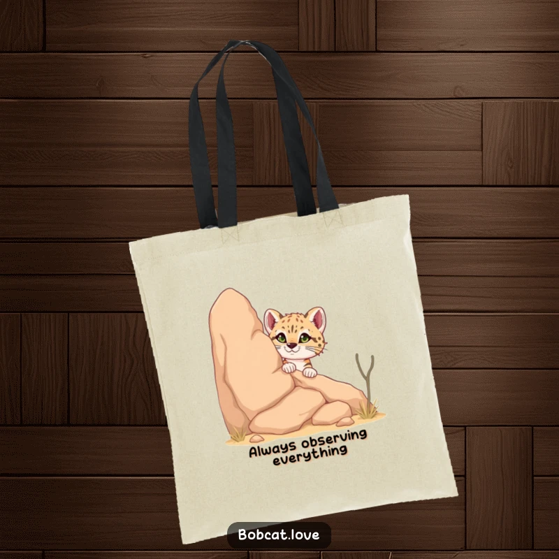 Funny Bobcat Tote Bag: A curious bobcat peeking from behind a desert rock, showcasing a playful and adventurous spirit, perfect for eco-conscious shoppers.