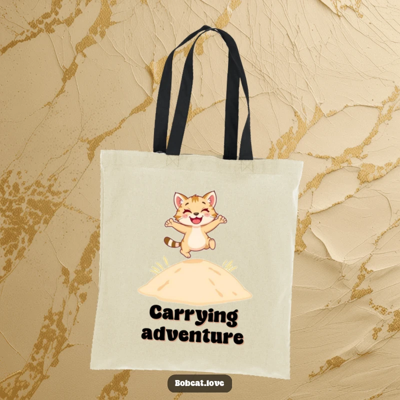 A happy bobcat joyfully leaping over a sandy dune is featured on a stylish and durable tote bag.