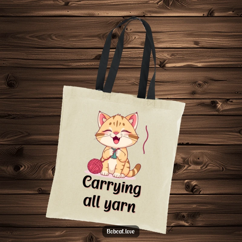Funny bobcat tote bag, a giggling wild cat batting at a dangling yarn ball, a stylish and humorous accessory for everyday use.