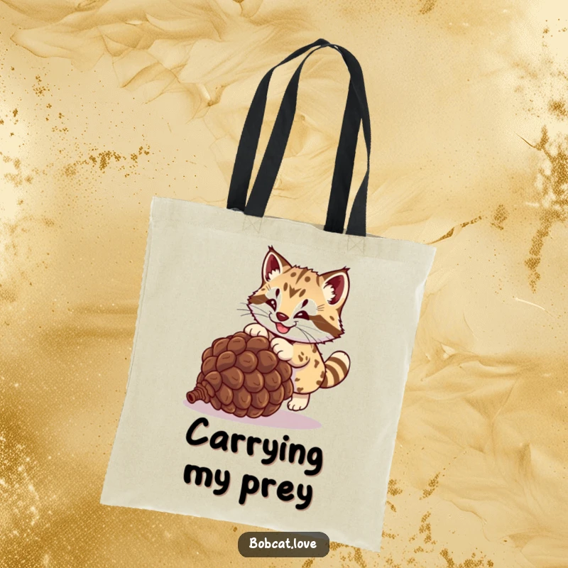 Funny bobcat tote bag, a playful wild cat energetically pouncing on a rolling pinecone, showcasing a humorous and exciting outdoor adventure.