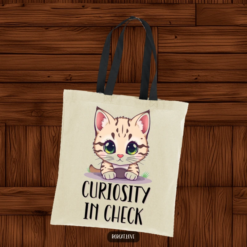 Funny bobcat with wide, inquisitive eyes peering into a small hole, printed on a practical and stylish tote bag.