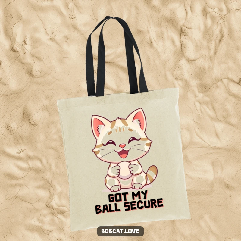 Funny bobcat with a wide, happy grin, delightedly holding a small ball, printed on a durable tote bag.